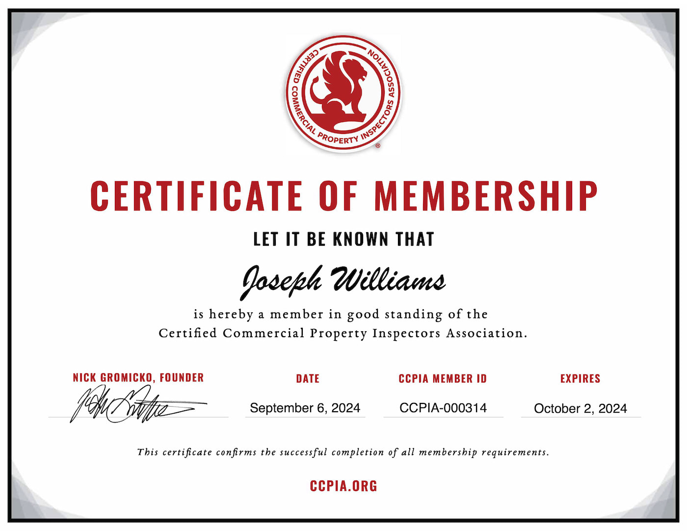 Joseph Williams - CCPIA Certificate 2024